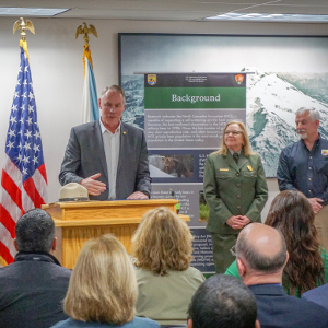 Secretary of the Interior Ryan Zinke making remarks supporting North Cascades grizzly bear restoration. Photo: Chase Gunnell