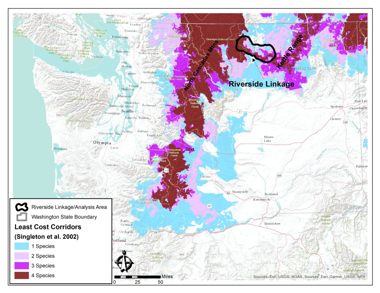 The Okanogan Valley and Working for Wildlife Initiative project area shown as part of a regional network of critical wildlife habitat connectivity, particularly between the North Cascades, Kettle Range and Rocky Mountains.